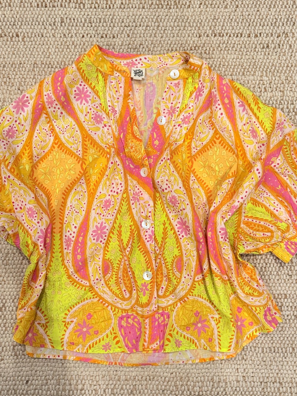 ivy jane Short-Sleeve Button-Up Top in Pink, Yellow & Orange Paisley 100% cotton